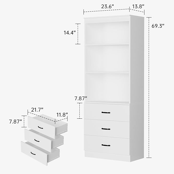 oneinmil 70" H 6-Tier Bookshelf with 3 Drawers, White Bookcase with 3-Tier Open Shelves, Tall Book Shelf with Storage Space, Wooden Storage Cabinet for Living Room, Bedroom, Office (White, 6-Tier)
