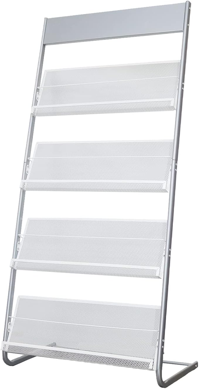 Floor Standing Magazine Rack, 4 Tier Document Display Rack, Suitable for Exhibitions Libraries Waiting Rooms Shopping Malls (Silver)