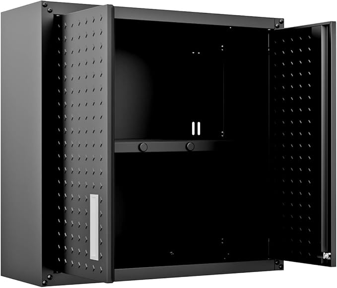 Manhattan Comfort Fortress Floating Garage Storage Cabinet with Adjustable Shelves and Lock, Recessed Handles, Metal Wall Mounted Lockable Utility Cabinet, Steel Garage Storage in Charcoal Gray