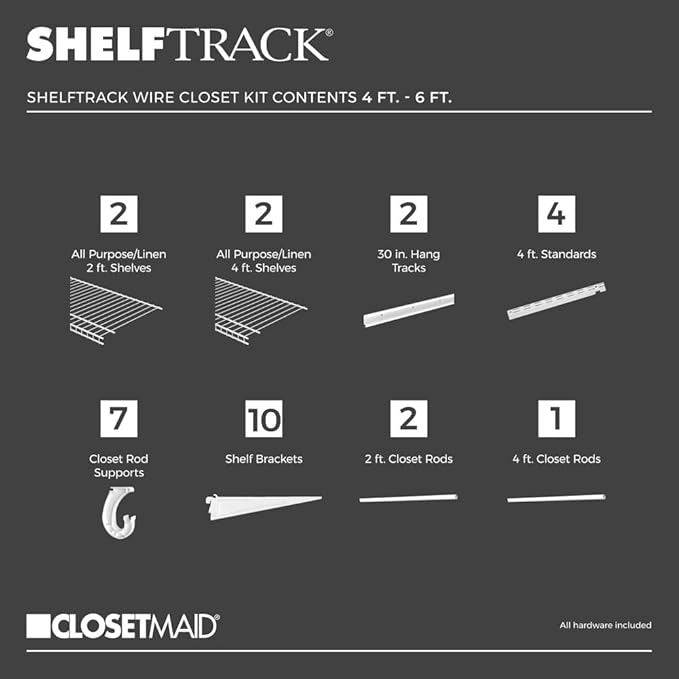 ClosetMaid ShelfTrack Wire Closet Organizer System, Adjustable from 4 to 6 Ft., with Shelves, Clothes Rods, Hardware, Durable Steel, White