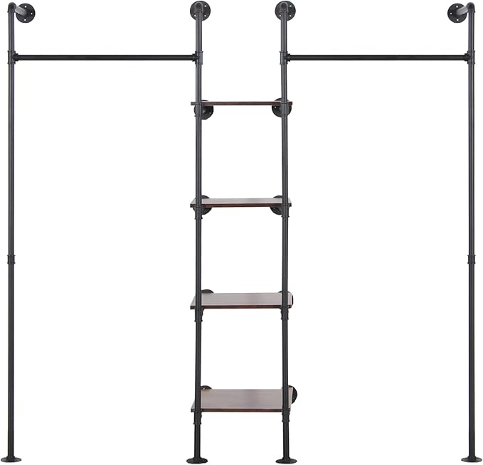 Wall Mounted Industrial Pipe Heavy Duty Clothes Rack, Clothing Rods for Hanging Clothes, Freestanding Clothing Rack with 2 Hang Rods & 4 Shelves, 72.8" W x 17.7" D x 71" H