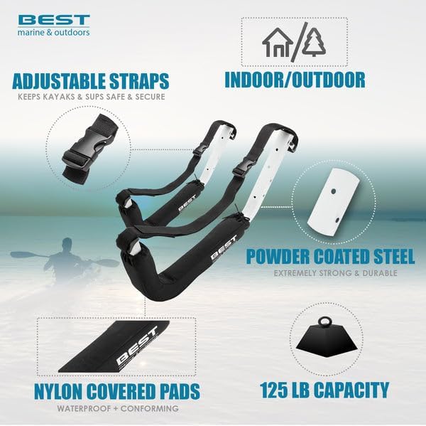 Best Marine and Outdoors Kayak Storage Rack, 2 Premium Wall Mount Racks, Kayaks & SUP Paddle Boards, 125lb Weight Capacity Garage Hanger, Indoor Outdoor Paddleboard Holder & Kayaking Accessories