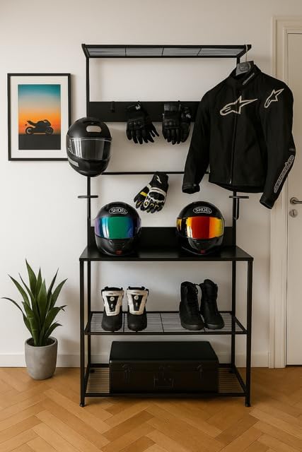 Motorcycle & Sports Helmet Rack & Gear Organizer – Fits 7 Helmets, Jackets, Boots & Gloves – Heavy-Duty Steel + Wood Storage Shelf for Home or Garage