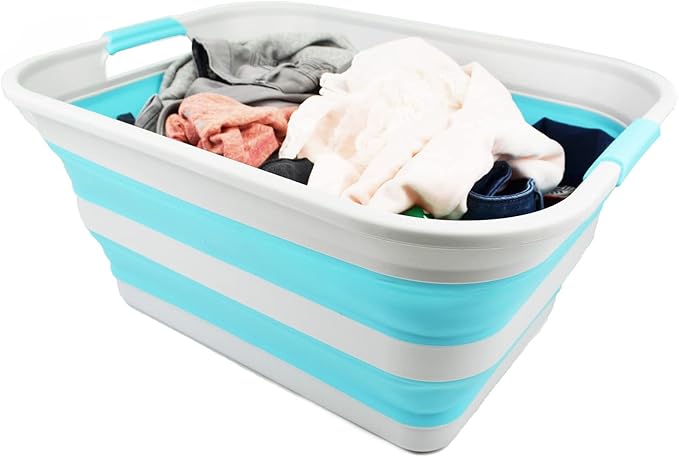 SAMMART 42L Collapsible Plastic Laundry Basket - Foldable Pop Up Storage Container/Organizer - Portable Washing Tub - Space Saving Hamper/Basket (Grey/Cyanine, 1)