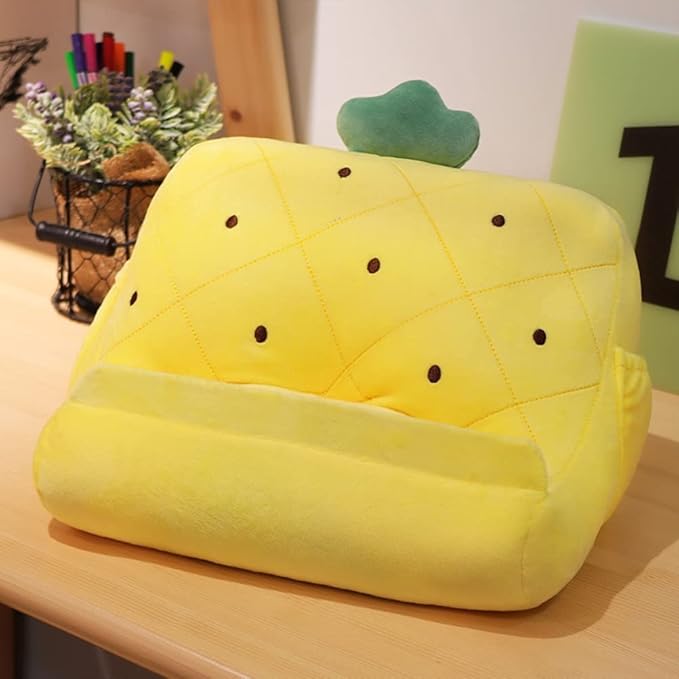 Dpofirs Pillow Tablet Stand, Soft Plush Tablet Holder with Storage Pockets for Kids, Compatible with pads Tablet Phone, Sturdy Fluffy Cushion for Home Travel School Birthday Christmas (yellow)