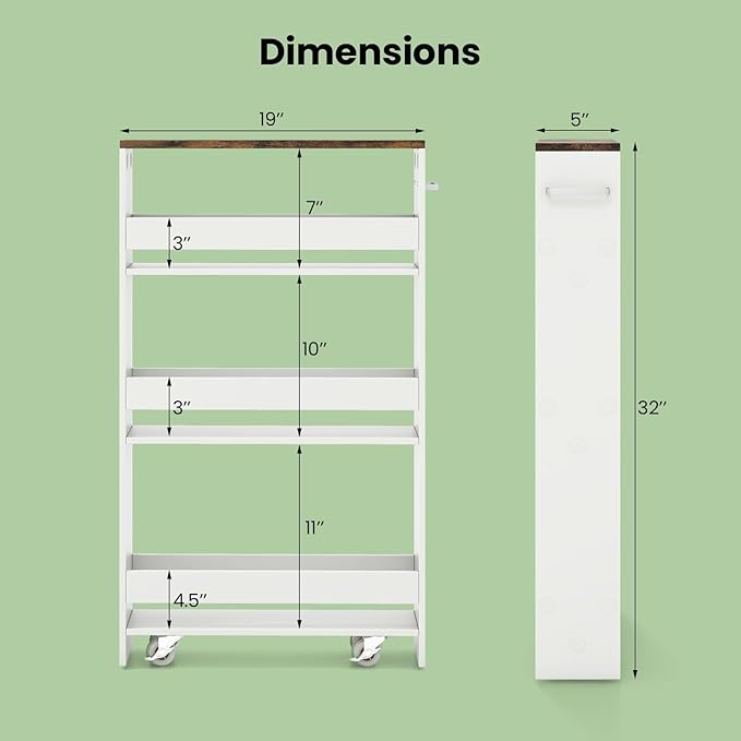 Small Kitchen Cart, 4-Tier Slim Rolling Island w/Handle, Laundry Room Storage Organizers Between Washer and Dryer, Narrow Spice Rack on Wheels Next to Fridge (White & Rustic Brown, 5'')