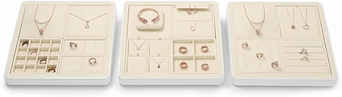 Oirlv Microfiber 4 Slots Jewelry Ring Display Tray Rings Display Organizer Tray(Beige)