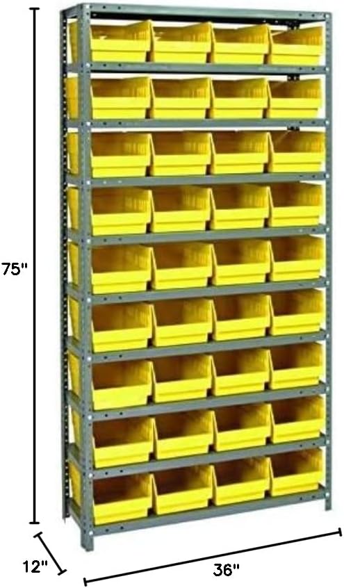 Quantum Storage Systems 1275-207YL Solid Heavy Duty 10 Shelves 36 Store-More Yellow Bins 75" H x 36" W x 12" D