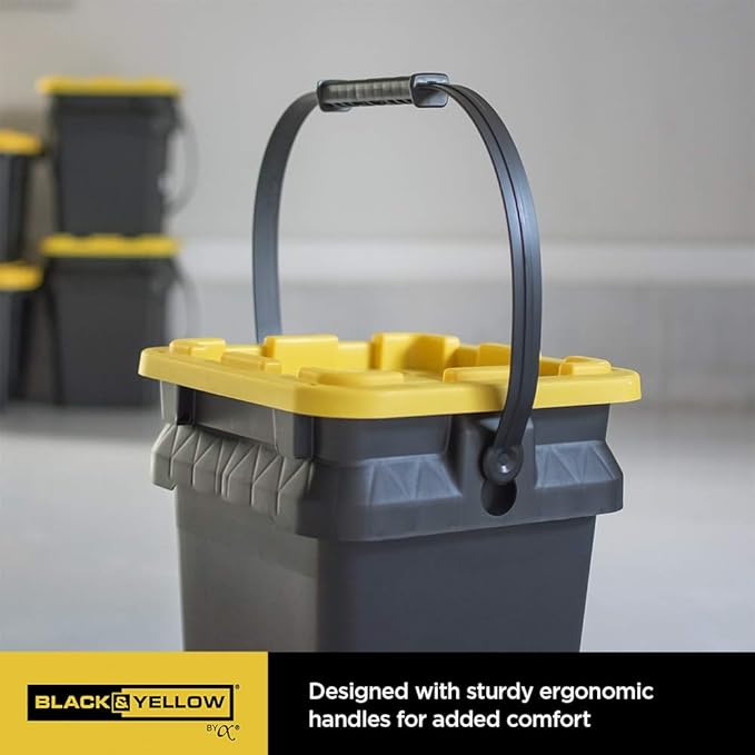 CX BLACK & YELLOW, 5-Gallon Heavy Duty Bucket Tough Storage Container & Snap-Tight Lid, (14.9H x 12W x 13D), Weather-Resistant Design and Stackable Organization Tote [6 Pack]