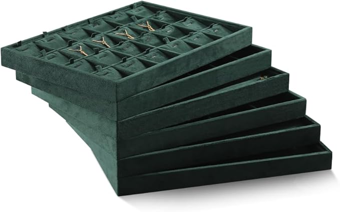 Velvet Jewelry Display Tray For Bracelet Pendant Necklace, Multi-Slot Stackable Storage Tray For Long Chain Jewelries, Drawer Insert Jewelry Organizer (Green)