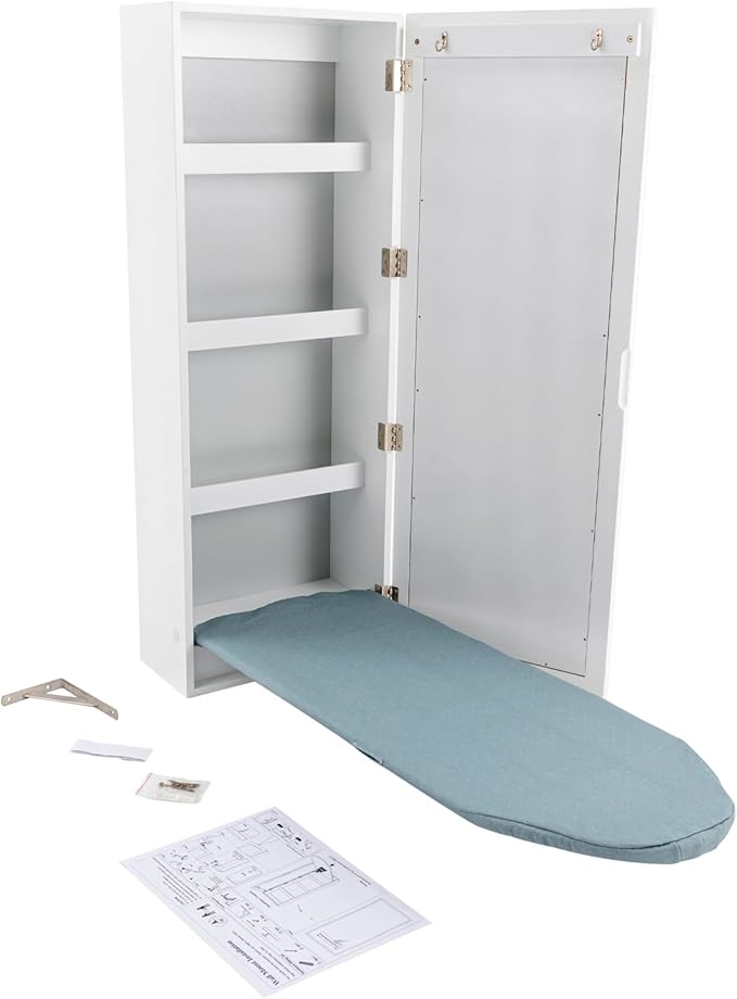 Wall Mounted Ironing Board Cabinet, Built-in Foldable Ironing Board, Wall Ironing Boards with Mirror and 2 Hooks for Home, Apartment & Small Spaces