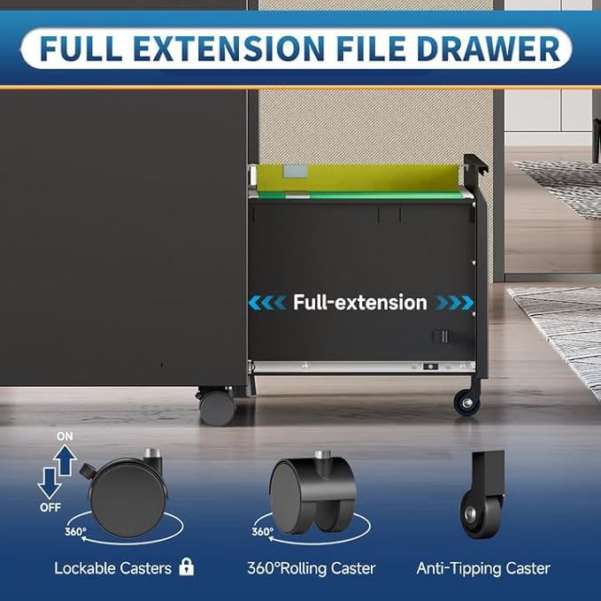 2 Drawer File Cabinet with Lock,Rolling Vertical File Cabinets for Home Office,Small Metal Filing Cabinet Office Drawers Under Desk for A4-Size/Letter-Size/Legal-Size- Assembly Required/Black