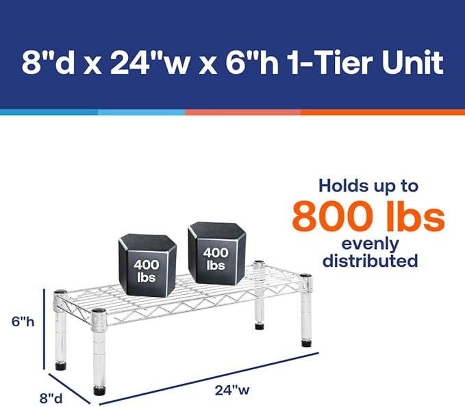 Shelving Inc. 8" d x 24" w Chrome Wire Shelving with 1 Tier Shelf, Weight Capacity 800lbs Per Shelf