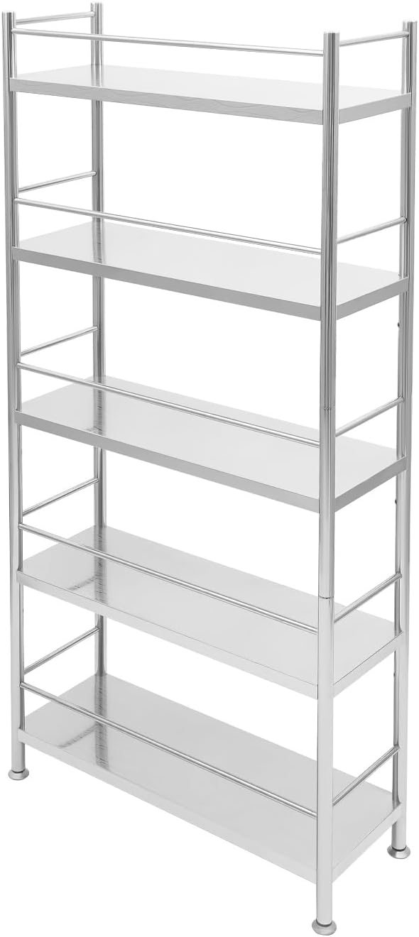 5-Tier Stainless Steel Shelf, Heavy Duty Storage Rack for Kitchen, Garage, Industrial Storage, Kitchen Shelves with Guardrails, Adjustable Height Metal Shelf