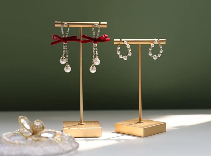 GemeShou 2pcs metal earring holder, Gold T bar earring display stand, mini hangers for earrings Jewelry Photography, earring storage organizer【Gold-Square Base 2pcs Height 4.3 and 5.1 inch】
