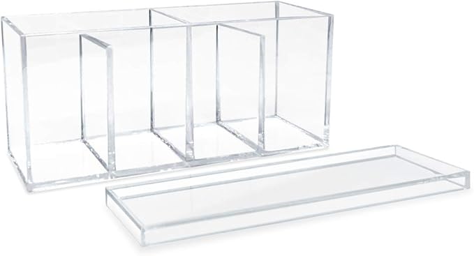 Isaac Jacobs 2-Pack 4-Compartment Clear Acrylic Organizers with Lid (9” L x 3” W x 4” H), Makeup Brush Holder, Sectional Tray, Storage Solution for Makeup, Crafts, Office Supplies & More (2, Clear)