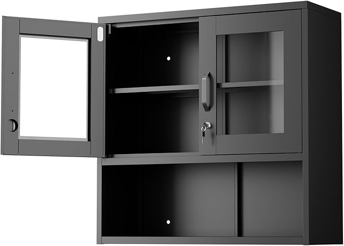 VINGLI Metal Wall Cabinet with Locking Glass Doors & Magnetic LED Sensor Light, Adjustable Shelf, Wall Mounted Storage Display Cabinets for Garage, Kitchen, Home Office, Warehouse, Living Room, Black