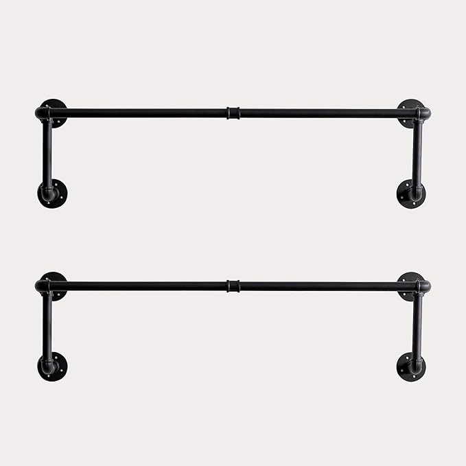 Clothes Rack, Industrial Wall Pipe Clothing Rack for Hanging Clothes, Wall Mounted Heavy Duty Space Saving Garment Rack, Multi-Purpose Clothing Hanging Rods for Closet Storage, Black, 2Pcs