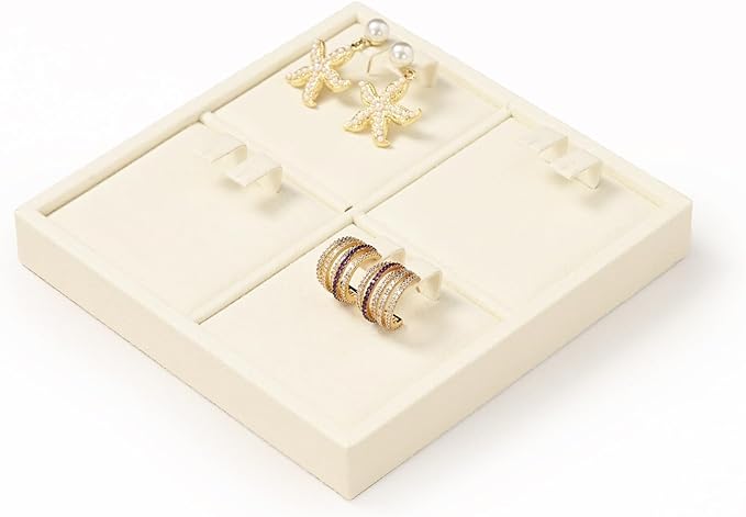 Oirlv Microfiber 4 Slots Jewelry Earring Display Tray Earring Display Organizer Tray(Beige)