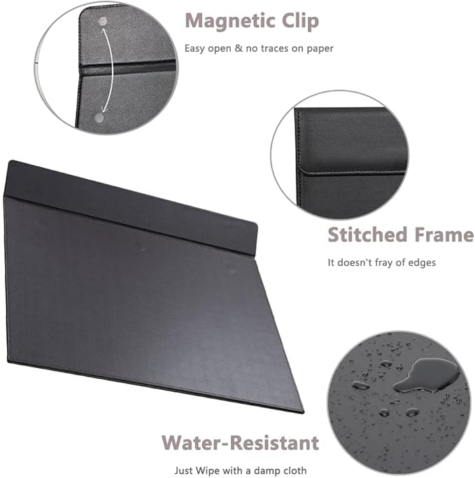 KINGFOM 18''x14'' Large Rectangle A3 Desk Writing & Drawing Desk Pad &Board Table Protector Mat with Paper Clip on Top Black
