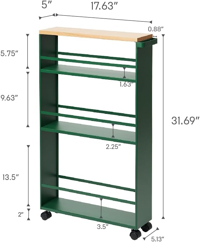 YAMAZAKI Home Slim Rolling Storage Cart – Narrow Kitchen Storage Cabinet with Handle, Slim Storage Cart with Wheels, Easy Assembly, Steel + Wood, Green
