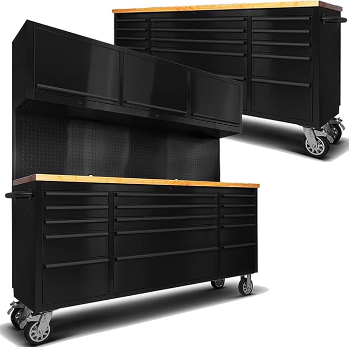 2 Pack - 72" Rolling Tool Chest with 15 Drawers + 3 Upper Cabinets, Matte Black Mobile Workbench, Lockable Large Tool Box with Wheels for Garage (1 × HTC7218PC + 1 × HTC7215PC-1)