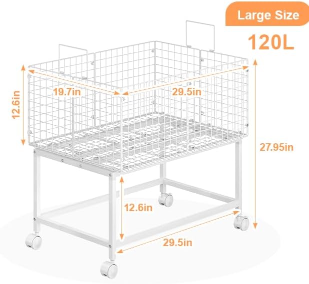Large Rolling Laundry Basket Cart,Wire Laundry Hamper Cart with Handle and Wheels,White High Laundry Hamper for Laundry Room,Bedroom and Bathroom-120L White (29.5" L*19.7" W*27.95" H inch)
