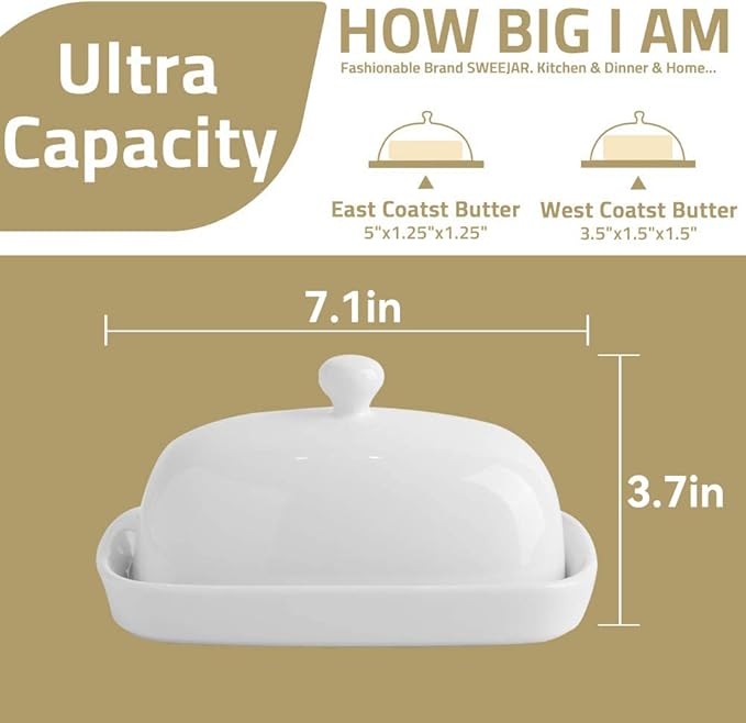 Sweejar Ceramic Butter Dish with Lid for Countertop,Porcelain Butter Keeper with Knob Handle,Butter Container for East/West Coast Butter, 7.1*3.7 inches (White)