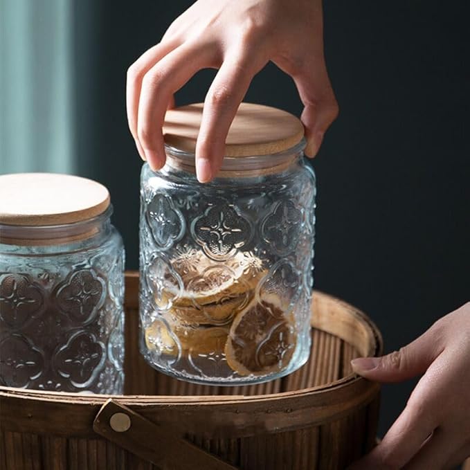 Vintage Glass Jar, Decorative Glass Jar with Bamboo Lid, Candy Jar Cookie Jar for Kitchen Counter, Pantry, 23.7 FL OZ Glass Storage Jar Holds Coffee, Tea, Sugar, Balth Salts