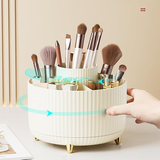 360 Degree Rotating Makeup Brush Holder Organizer Detachable Design 5 Slot Make up Brushes Cup for Cosmetics and Pencil Pen Organizer for Desk Makeup Organizer Skincare Storage for Vanity（Cream）
