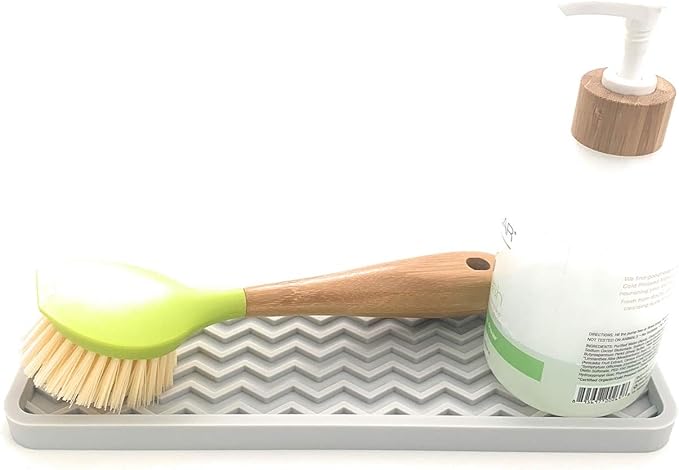 Happitasa Silicone Kitchen Sink Organizer Tray, Sponge Holder and Countertop Protector | Bathroom and Kitchen Soap Dish and Dispenser Tray (Light Grey, 12" x 4", 9.2 Ounces, Zigzag)