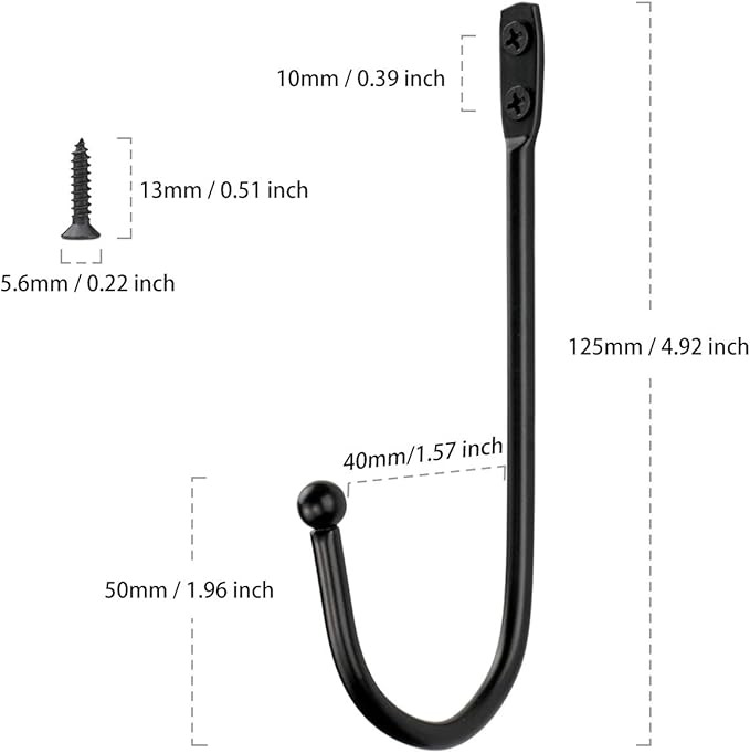 Wall Mounted Single Hook Wall Hanger Key Holder Wrought Iron Coat Hat Hooks, Set of 12 pcs and 24 pcs Screws, Black, Length:4.92inch