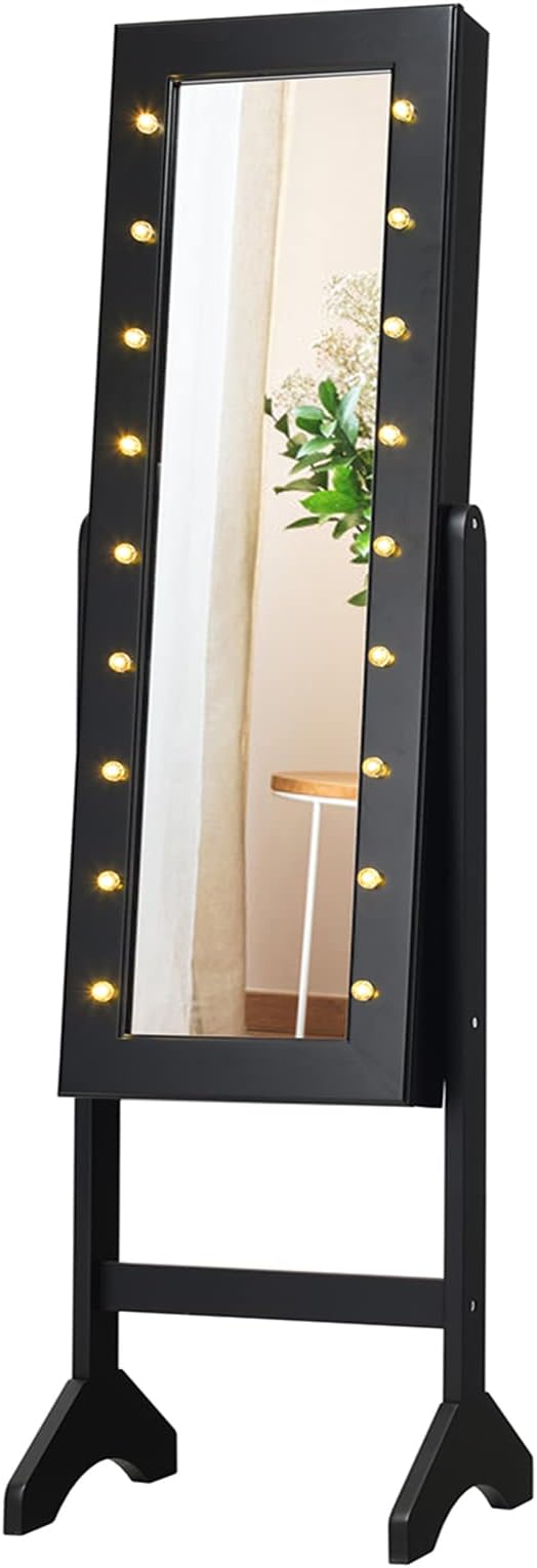Giantex Standing Jewelry Armoire with 18 LED Lights Around the Door, Large Storage Mirrored Jewelry Cabinet with Full Length Mirror, 16 Lipstick Holders, 1 Inside Makeup Mirror (Black)