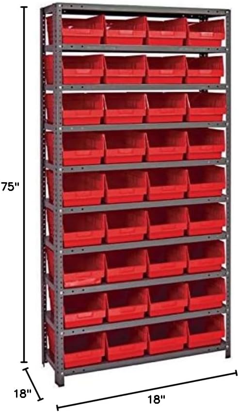 Quantum Storage Systems 1875-208RD Store More Steel Shelving Unit with 6" Shelf Bins, 18" D x 36" W x 75" H, Red