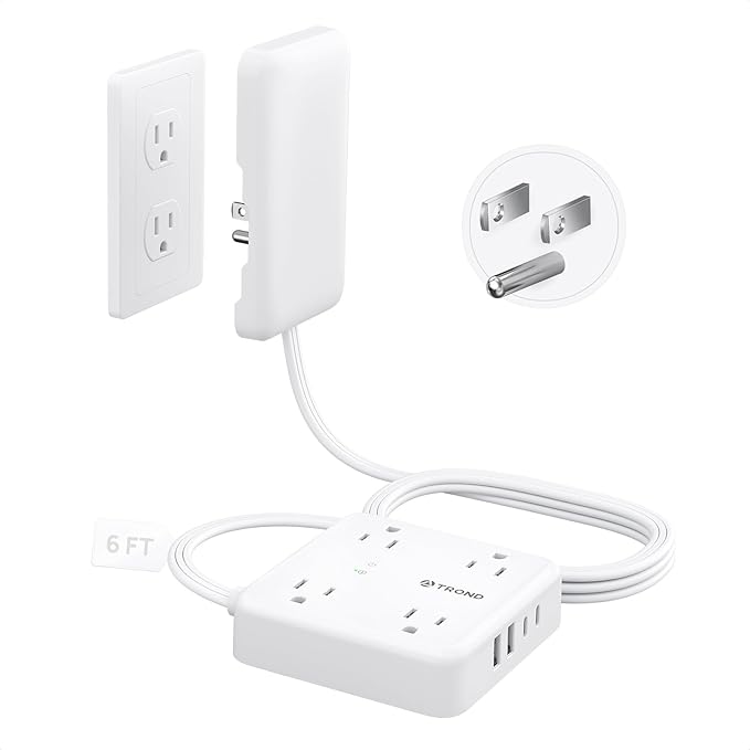 TROND Flat Plug Power Strip with Outlet Cover - 6ft Extension Cord with Multiple Outlets and 4 USB Ports, Mountable Surge Protector Outlet Concealer, Kitchen Home Improvement for Hide Messy, White