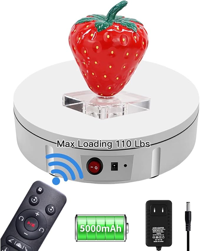 JAYEGT Motorized Rotating Display Stand,220 Lbs Load, 360 Degree Electric Rotating Turntable for Photography Products Display,Show,Remote Control Angle, Speed (White/8.66Inch / Rechargeable/Adapter)