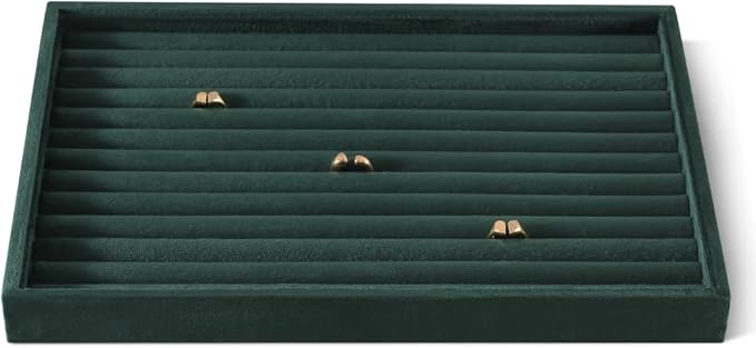 Velvet Ring Display Tray, Stackable Muilt Slot Rings Ear Stud Storage Tray, Drawer Insert Jewelry Accessories Organizers Plate (Green)