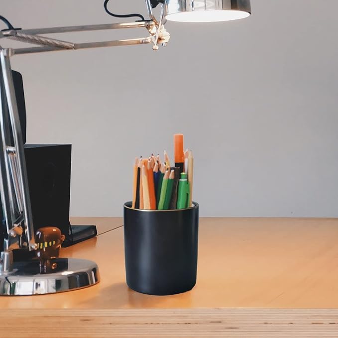 HANKOR Ceramic Pencil Holder for Desk - Cute Gold Trim Pen Aesthetic Makeup Brush Cup Holder Organizer for Desktop Storage Stationery Office Home Supplies, Black