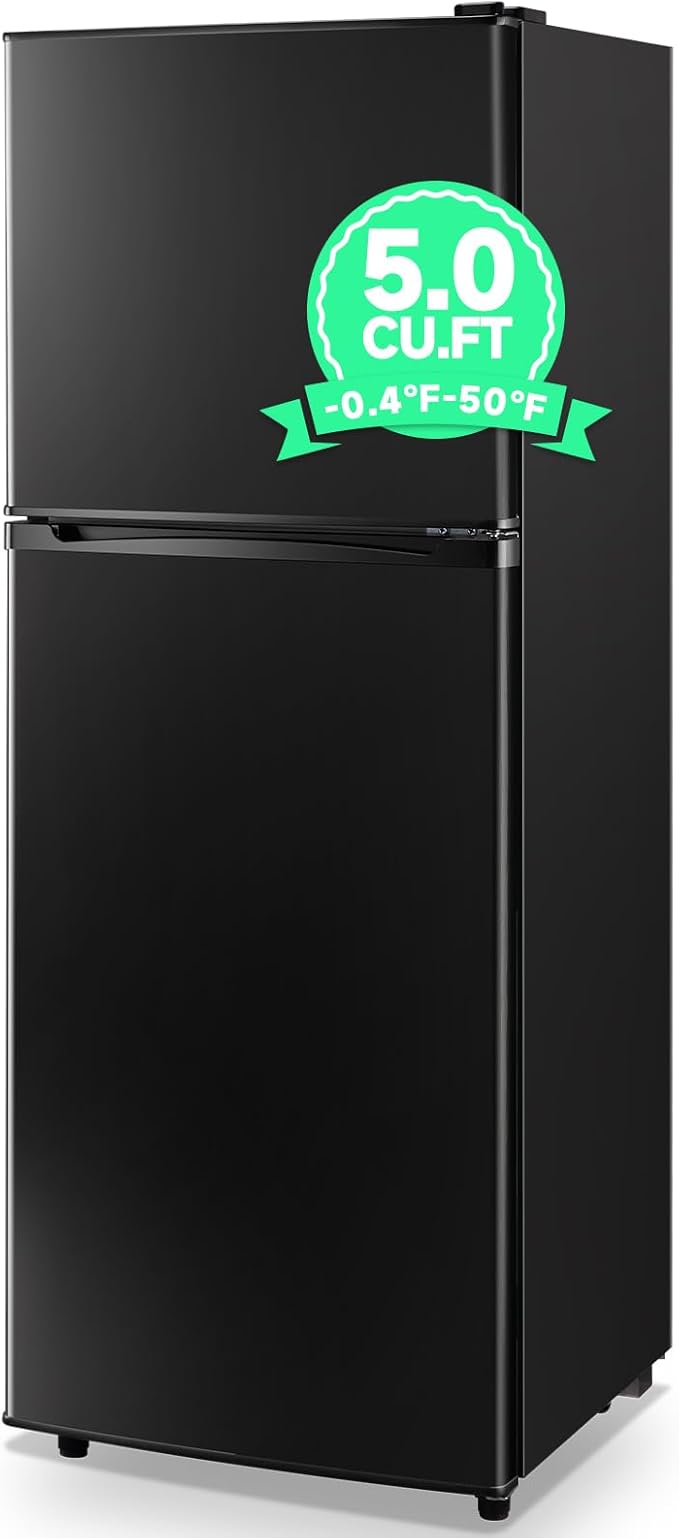 5.0 Cu.ft Refrigerator with Freezer Small Fridge Drink Holder Double Door Refrigerator Adjustable Glass Shelves for Home,Apartment,Office Black