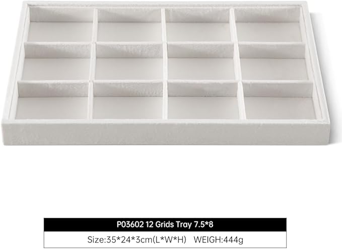 Velvet Stackable Jewelry Display Tray, 12 Grid Watch Bangle Bracelet Storage Tray, Makeup Drawer Insert Jewelry Shop Organizer Plate (White)