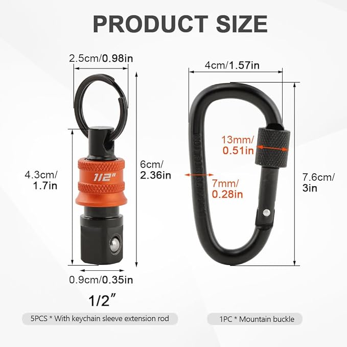 5Pcs Socket Holder Key Chain, 1/2" Drive Socket Organizer Keychain Quick Release Design with Carabiner, Impact Wrench Accessories for Lineman, Electricians, Construction Crews(SIZE:1/2inch)