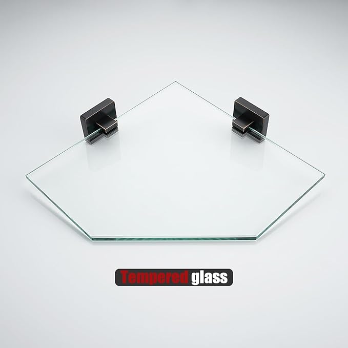 JQK Corner Glass Shelf, Oil Rubbed Bronze Bathroom 304 Stainless Steel Shower Triangle Floating Wall Shelf, 10 x 10 Tempered Glass, 2 Pack, TGS290L10-ORB-P2