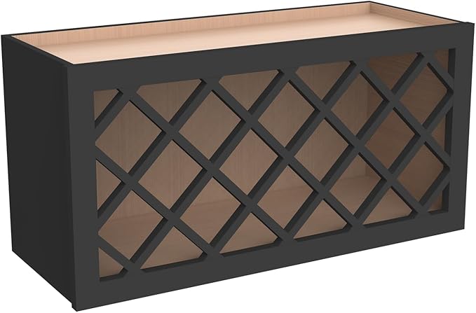 Solid Wood Mocha Wine Bottle Rack Wall Cabinet with Lattice Panels, Wine Storage for Bar, Pantry, Cellar & Basement - 30'W 12'D 18'H (Charcoal Black)