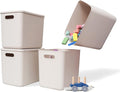 Plastic Storage Baskets With Lid Organizing Container Lidded Knit Storage Organizer Bins for Shelves Drawers Desktop Closet Playroom Classroom Office (4L, Light grey)