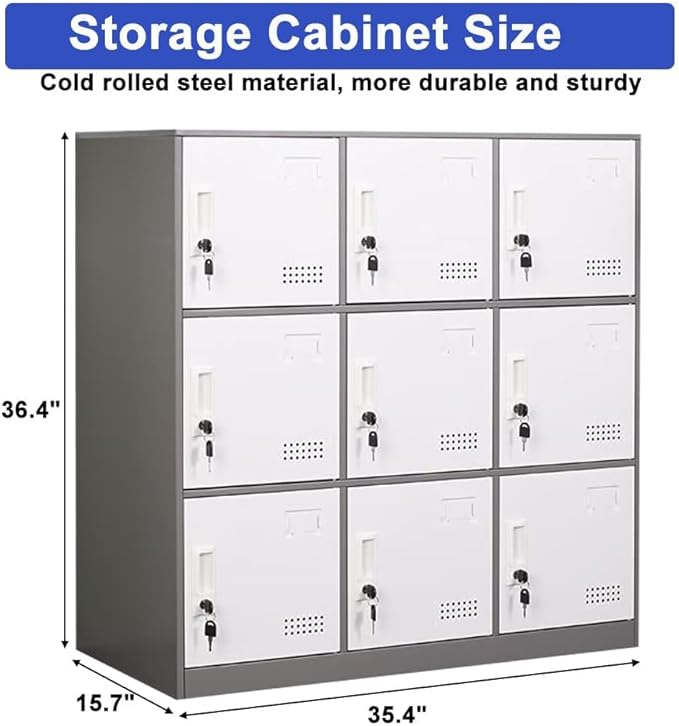 Metal Locker 9 Door Storage Cabinet, Steel Storage Lockers for Employees, Lockable Metal Cabinet with Lock and Ventilation, Office School Gym Storage Organizer