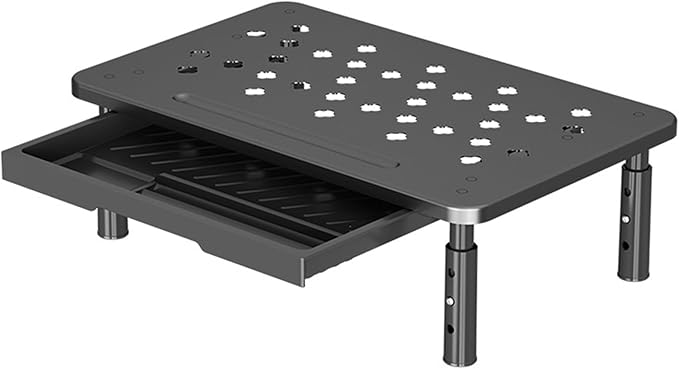 Monitor Stand Riser with Drawer - Adjustable Height (10.5-14.5cm) 3 Gears, Carbon Steel Desk Organizer for Computer/Laptop, Ventilated, Multi-Layer Storage for Office Home (Black)