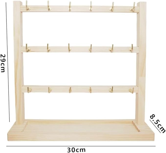 3 Layers of Wooden Display Eacks With Hooks for Necklaces. Rings, Earrings, Bracelets, And Other Jewelry Storage Display Rack