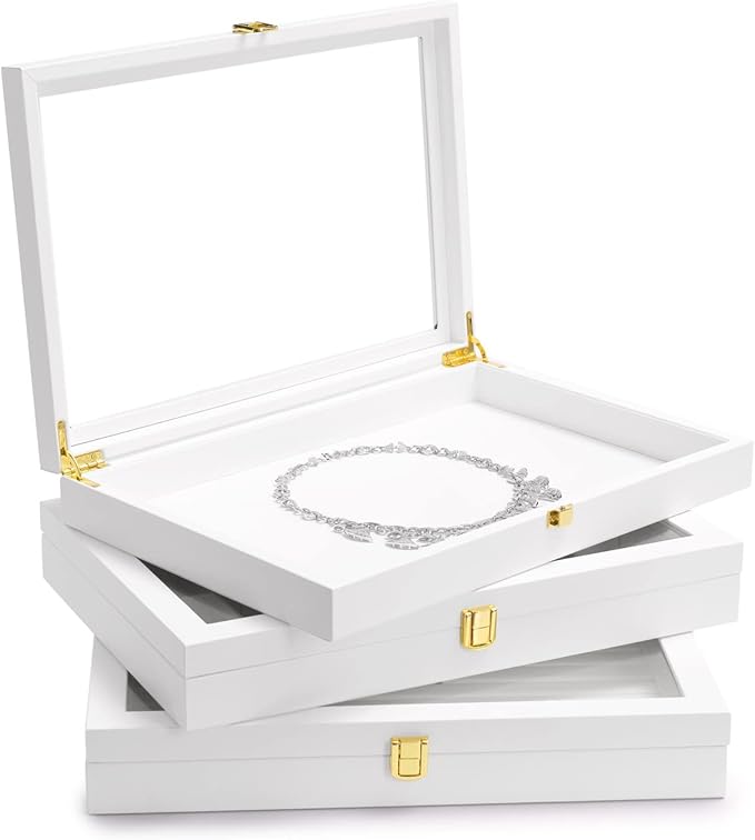 Oirlv Premium Blue Leather 24 Grid Jewelry Tray with Transparent Lid Earrings Rings Organizer Box Stackable Jewelry Box Drawer Inserts Women Gift