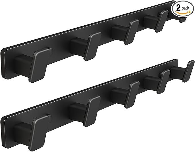 Coat Hook Wall Rack Hanger - Double Coat Rack with 5 Hooks Wall Hooks for Hanging Hat Key Bag Towel Wall Mount Coat Rack, Black 2 Packs