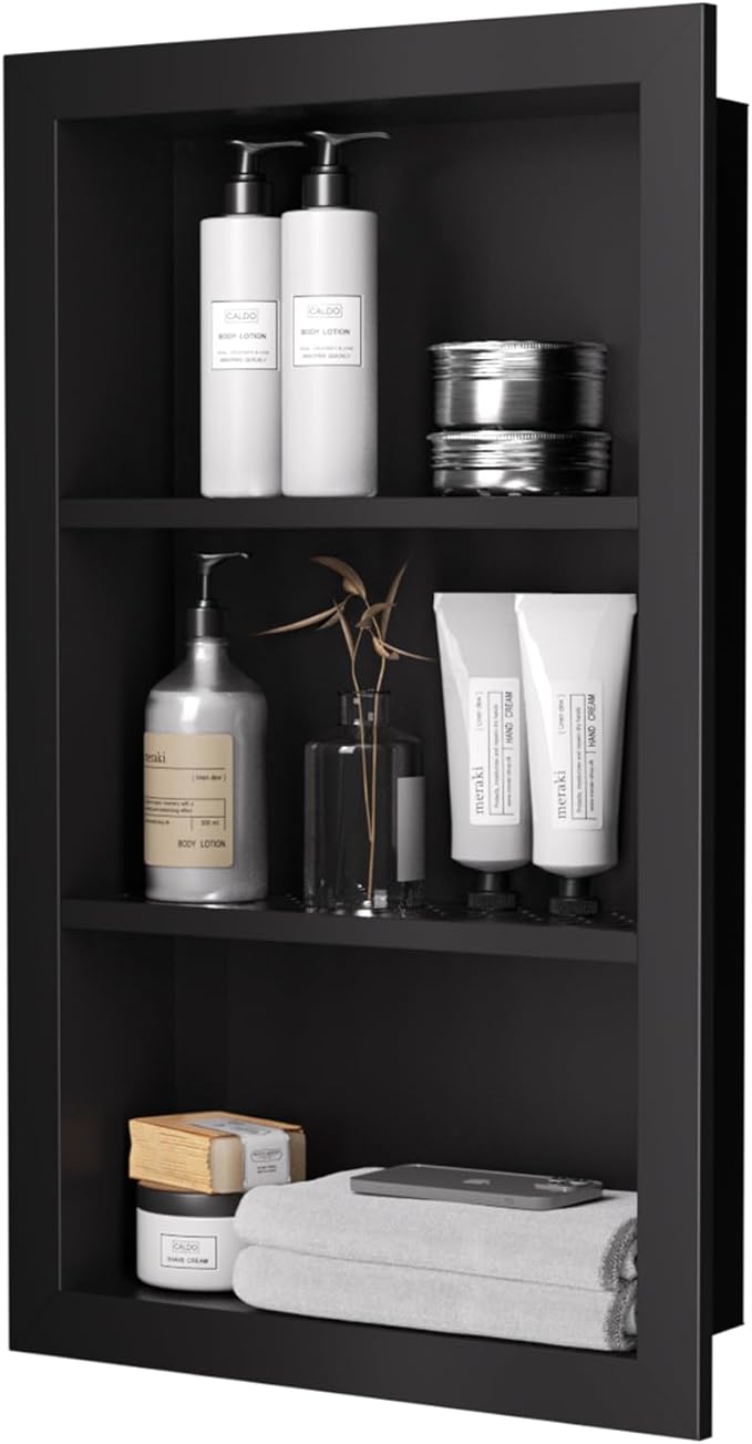14" x 24" Stainless Steel Shower Niche, 3-Tier Waterproof Shelves, No-Tile Needed Bathroom Organizer, Rustproof Wall Shelf for Shampoo, Soap & Toiletries, Black